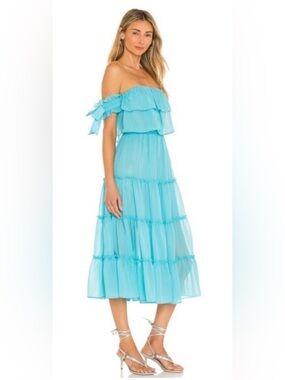 Misa Los Angeles NWT Micaela Off-Shoulder Aqua Sky Blue Midi Dress Size M